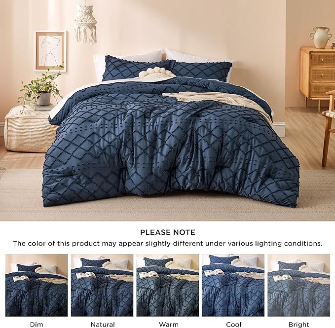 Bedsure Full Size Comforter Set - Navy Blue Comforter, Boho Tufted Shabby Chic Bedding Comforter Set, 3 Pieces Vintage Farmhouse Bed Set for All Seasons, Fluffy Bedding Set with 2 Pillow Shams