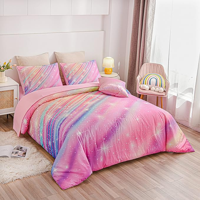 Btargot 6 Pieces Pink Gradient Star Ring Comforter Set for Boys Girls Teens, Twin Size Colorful Glitter Rainbow Star Galaxy Bedding Set
