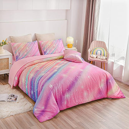 Btargot Super Soft 6 Pieces Gradient Star Ring Comforter Set, Colorful Glitter Rainbow Star Pattern Bedding Set for Boys Girls Teens,Queen Pink