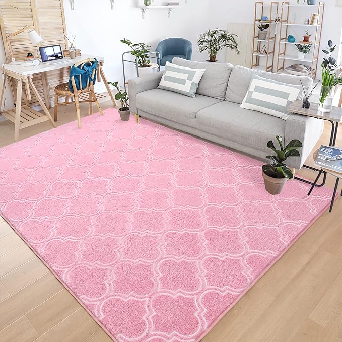 Chicrug Shag Geometric Modern Area Rug for Bedroom, 4x6 Feet Memory Foam Indoor Carpet, Fluffy Rug for Living Room Bedside Room Decor for Family Girls Kids Nursery Play Mat, Pink/White