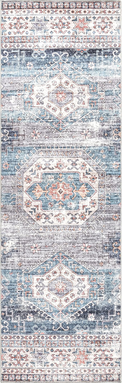 nuLOOM Drina Distressed Machine Washable Ultra Thin Runner Rug, 2' 6" x 8', Blue