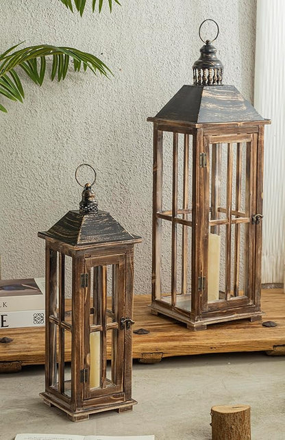 Large Farmhouse Wooden Decorative Lantern Set of 2, Rustic Distressed Brown Burnt Wood Floor Candle Lanterns, Indoor/Outdoor Hanging Lanterns for Home Decor (No Glass)