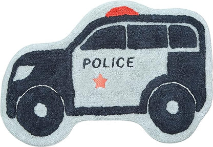 Hand Tufted Police Car Bedroom or Bathroom Rug - 30x20 in; 100% Cotton Kids Bathroom Mat; Decorative Kids Area Rug