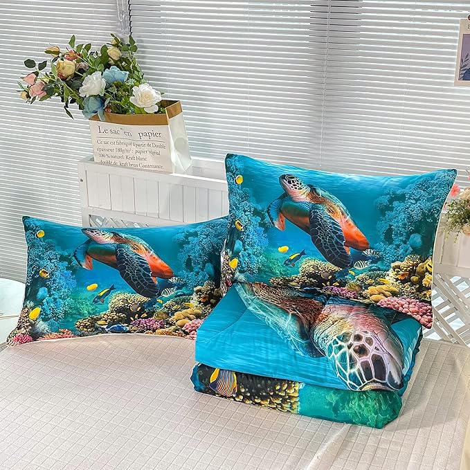 CVHOUSE Sea Turtle Bedding Set,Sea Turtle Comforter Twin,Ocean Beach Comforter Set for Boys Kids Girls,Ocean Quilt Set with 1 Comforter and 2 Pillow Cases