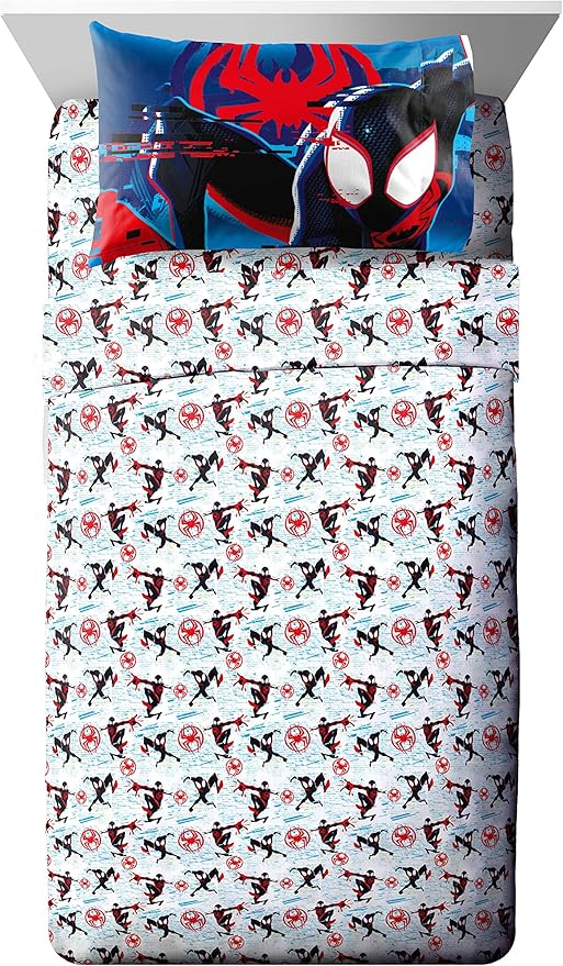 Marvel Spiderman Across The Spider-Verse Glitch 7 Piece Full Size Bed Set - includes Comforter & Sheet Set Bedding - Super Soft Fade Resistant Microfiber (Official Product)