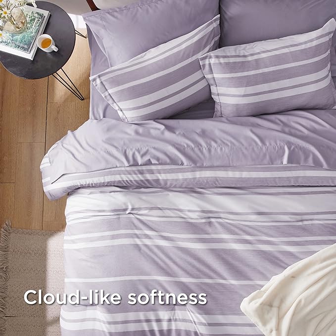 Bedsure Bed in a Bag King Size 7 Pieces, Purple White Striped Bedding Comforter Sets All Season Bed Set, 2 Pillow Shams, Flat Sheet, Fitted Sheet and 2 Pillowcases