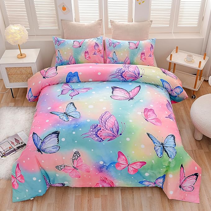 Btargot 3 Piece Butterfly Pattern Girls Comforter Set with 2 Pillow Covers, Gradient Line Rainbow Printed Bedding Set for Women, Queen Multi Color