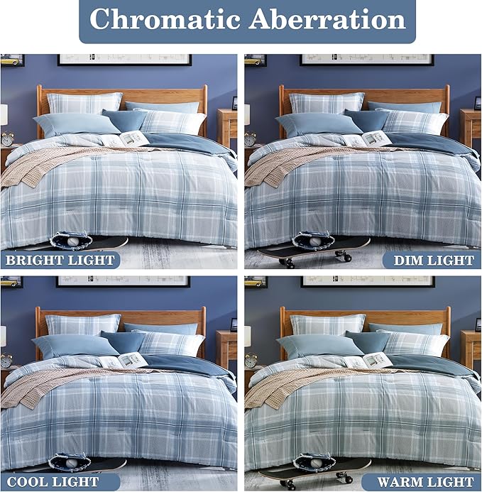 Blue King Size Comforter, Dorm Plaid Light Blue King Bedding Set Homestead-style King Size Bed Set for Bedroom (Light Blue,King,102"*90")