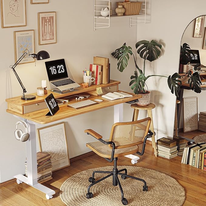 FEZIBO 40 x 24 Inch Height Adjustable Electric Standing Desk with Double Drawer, Stand Up Desk with Storage Shelf, Sit Stand Desk, Light Rustic