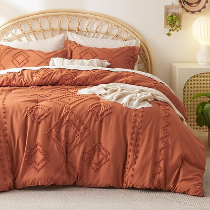 Bedsure Boho Comforter Set Full - Terracotta Tufted Bedding Comforter Set, 3 Pieces Farmhouse Shabby Chic Embroidery Bedding Set, Soft Geometric Pattern Comforter for All Seasons