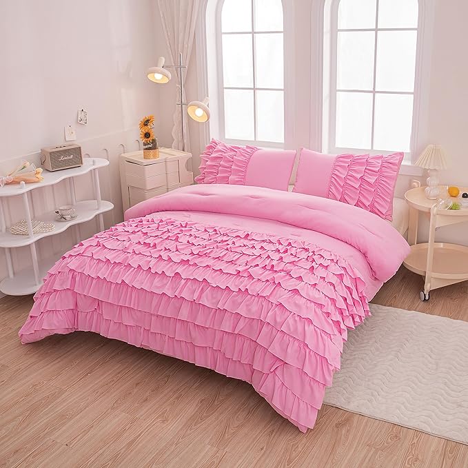 Pink Twin Comforter Set for Girls, 5 Pcs Bed in a Bag Twin for Teen Girls, Princess Bedding Set for Girls, Twin Size Comforter Sets for Girls with 1 Fitted Sheet and 1 Flat Sheet