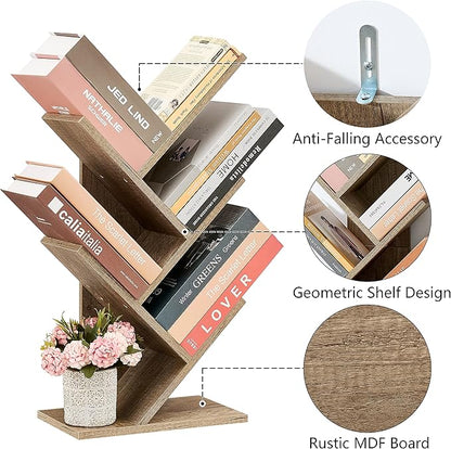 Hoctieon 4 Tier Tree Bookshelf, 4 Shelf Bookcase, Modern Book Storage, Free Standing Tree Bookcase, Utility Organizer Shelves for Home Office, Living Room, Bedroom, Greige
