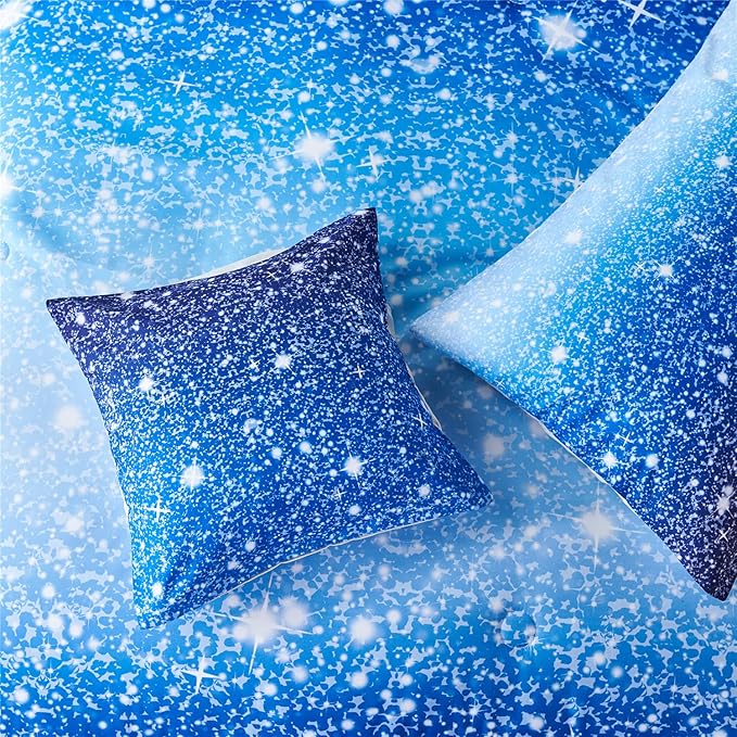 RYNGHIPY 6Pcs Gradient Aqua Blue Navy Ombre Comforter Sets with Sheets Pillowcases, Full Size Sparkle Glitter Design Comforter Bedding Collections for Kids Boys and Girls