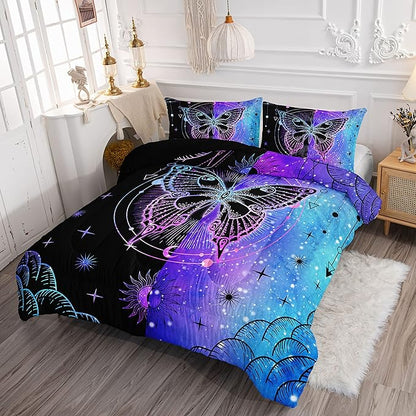 Datura home Black Blue Butterfly Comforter Set for Girls Women,Boho Butterfly Sun and Moon Mandala Printed Bedding Set with 2 Pillowcases(Black Blue Queen)