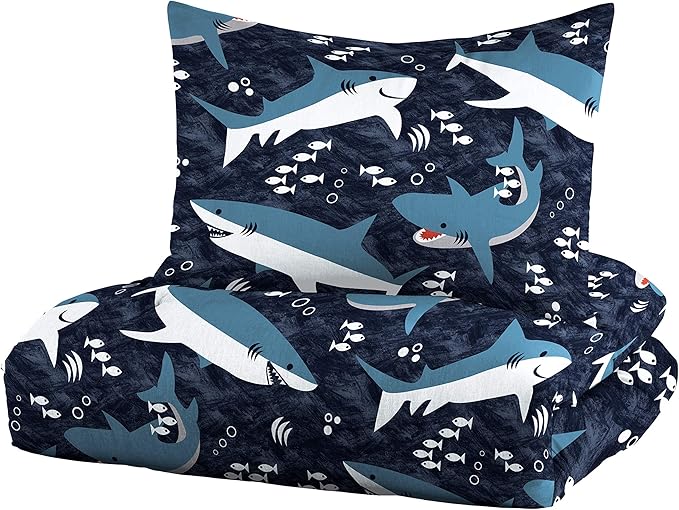 Dream Factory Sharks Boys Full Queen Size Boys Bedding Set Cotton Kids Comforter Set with Sham, 3 Piece, Full/Queen, Navy