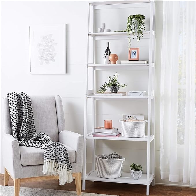 Amazon Basics Rubberwood 5 Shelf Ladder Bookcase, White, 15.03" D x 25.98" W x 74.48" H