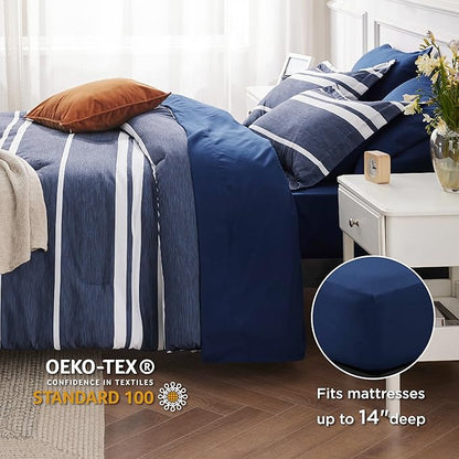 Bedsure Bed in a Bag King Size 7 Pieces, Navy White Striped Bedding Comforter Sets All Season Bed Set, 2 Pillow Shams, Flat Sheet, Fitted Sheet and 2 Pillowcases