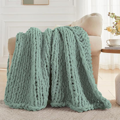Carriediosa Chunky Knit Throw Blanket 60" X 80" Twin, 100% Hand Made Large Chenille Loop Yarn Soft Fluffy Throws for Couch Sofa Bed, Big Crochet Cozy Heavy Thick Cable Woven Blankets, Sage Green