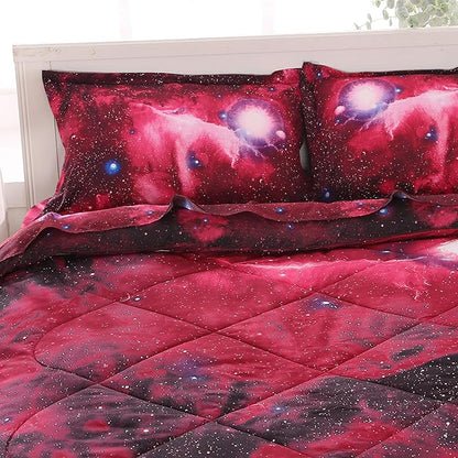 Wowelife 5-Piece Twin Comforter Set for Boys Space, Premium Galaxy Bedding Set Red, 3D Galaxy Comforter Set, Comfortable and Soft Kids Bedding Set