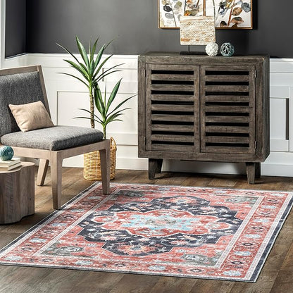 nuLOOM Jay Persian Medallion Machine Washable Ultra Thin Area Rug, 8' x 10', Red