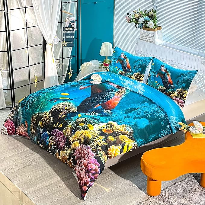 CVHOUSE Sea Turtle Bedding Set,Sea Turtle Comforter King,Ocean Beach Comforter Set for Boys Kids Girls,Ocean Quilt Set with 1 Comforter and 2 Pillow Cases