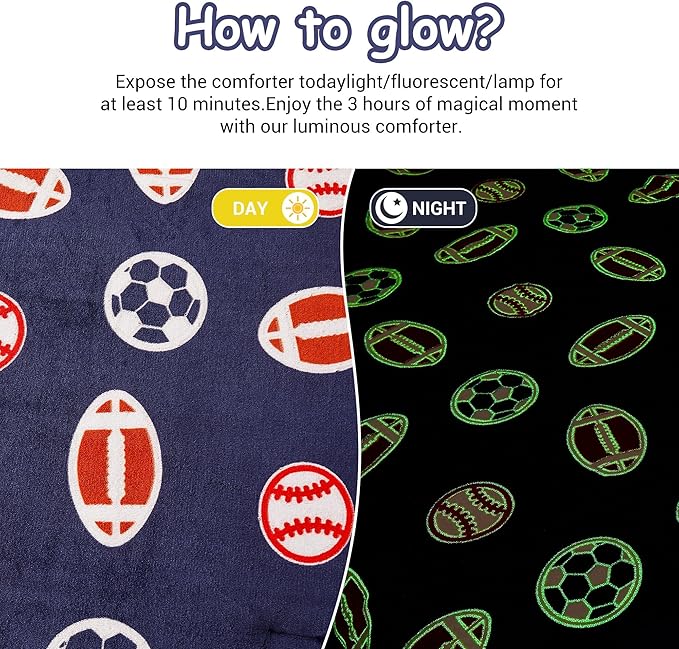 Mooreeke Glow in The Dark Twin Plush Fleece Comforter Bed Set, Soft & Warm 2 Piece Bed in A Bag with Sham, Velour Velvet Football Basketball Soccer Rugby Boys Kids Bedding Set, Fluffy Fuzzy Polar Cozy