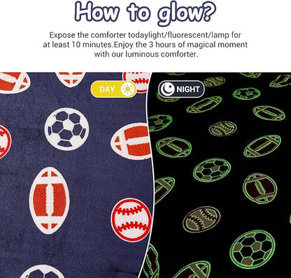 Mooreeke Glow in The Dark Full Plush Fleece Comforter Bed Set, Soft & Warm 3 Piece Bed in A Bag with Sham, Velour Velvet Football Basketball Soccer Rugby Boys Kids Bedding Set, Fluffy Fuzzy Polar Cozy