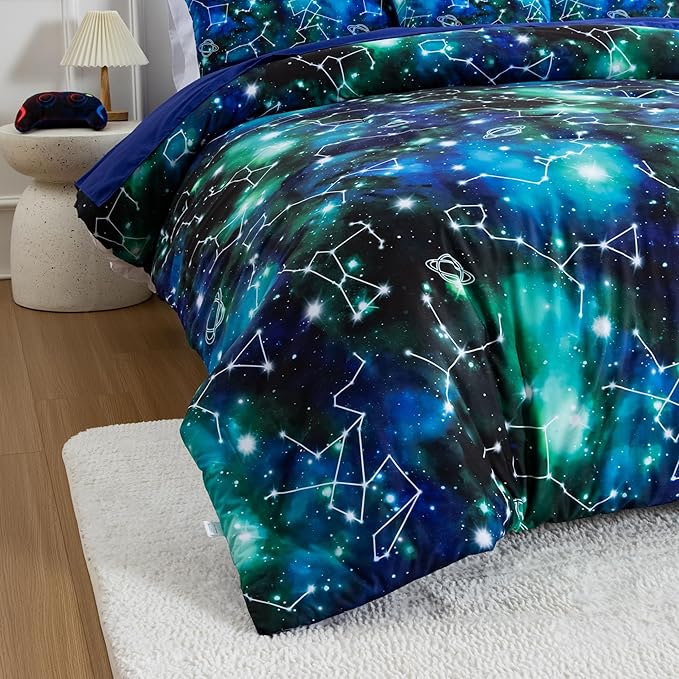 Btargot Lightweight Microfiber 6 Piece Comforter Set, Tie Dye Galaxy Constellation Pattern Bedding Set for Boys Girls Teen, Queen Black Green