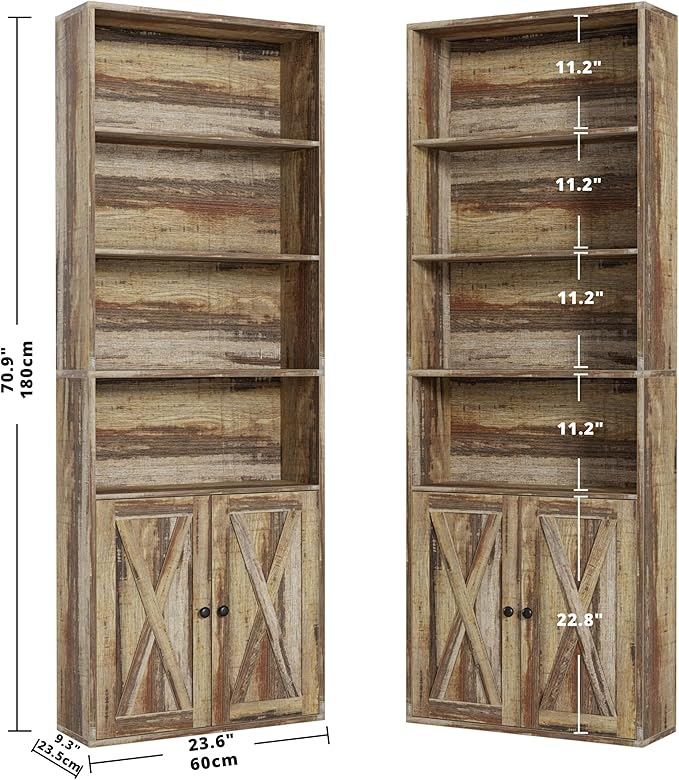 IRONCK Industrial Bookshelves and Bookcases with Doors Set of 2 Floor Standing 6 Shelf Display Storage Shelves 70 in Tall Bookcase for Home Office, Living Room