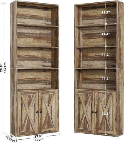 IRONCK Industrial Bookshelves and Bookcases with Doors Set of 2 Floor Standing 6 Shelf Display Storage Shelves 70 in Tall Bookcase for Home Office, Living Room