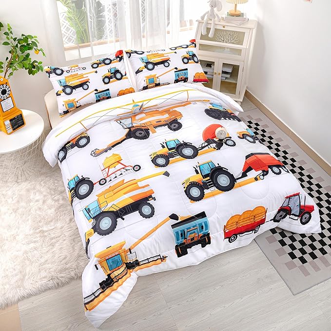 CVHOUSE Tractor Bedding Sets for Boys,Excavators Comforter Queen,Boys Cartoon Truck Comforter Set,Trucks Tractors Cars Quilt Set with 1 Comforter and 2 Pillow Cases- 3 Piece