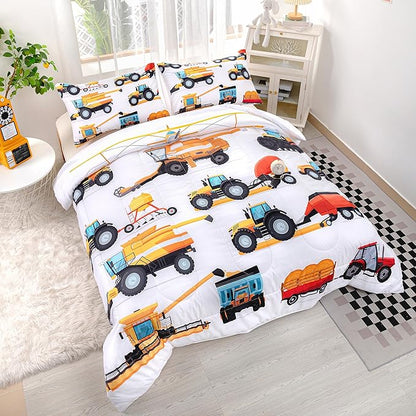 CVHOUSE Tractor Bedding Sets for Boys,Excavators Comforter Queen,Boys Cartoon Truck Comforter Set,Trucks Tractors Cars Quilt Set with 1 Comforter and 2 Pillow Cases- 3 Piece