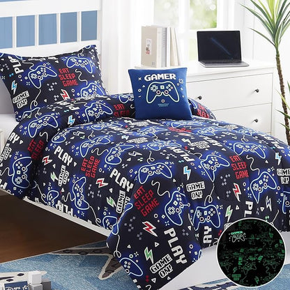 Kids Comforter Set Twin Size for Boys, Glow in The Dark Black Gamer Bedding Set Twin-1 Twin Comforter, 1 Decor Pillow, 1 Pillow Sham