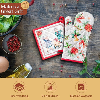 Maison d' Hermine 100% Cotton Oven Mitt & Pot Holder Set (7.5"x13" & 8"x8") | Heat Resistant BBQ Cooking Gloves with Loop Baking Grilling Kitchen Hotel Home Farmhouse Thanksgiving Christmas - Chromo
