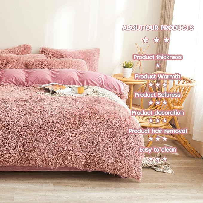 Old Pink Plush Fluffy Comforter Cover Set Queen - Ultra Soft Faux Fur Old Pink Bedding Sets 3 Pieces (1 Fuzzy Duvet Cover + 2 Pillow case) Shaggy Bed Set (Old Pink, Queen)