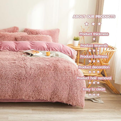 Fluffy old pink comforters Cover twin size - Ultra Soft Plush old pink bedding Sets 2 Pieces (1 faux fur comforter Cover + 1 fuzzy pillow case) girls shaggy old pink twin bed set (Old Pink, Twin)