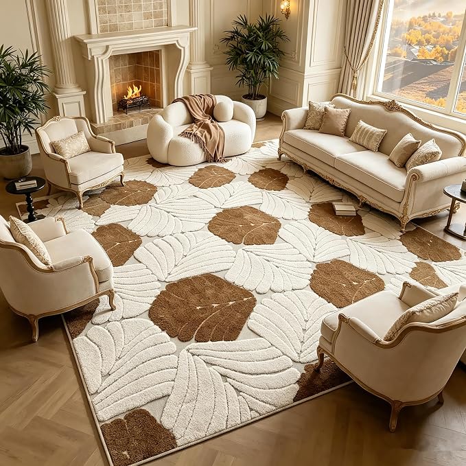 Washable Area Rug 5′3″ × 7′6″ for Living Room Bedroom Hotel, Leaves | Soft Cozy Fluffy Mid Pile Machine Washable Non Slip Boho Modern Accent Rug for Dining Room Nursery Kids Room Dorm Hotel