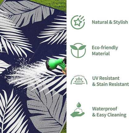 GENIMO Outdoor Rug 8' x 10' Waterproof for Patios Clearance, Reversible Outdoor Plastic Straw Camping Rug Carpet, Large Area Rugs Mats for RV, Camper, Deck, Balcony, Porch, Beach, Navy Blue&White