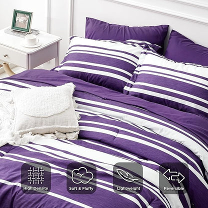 Bedsure Bed in a Bag California King Size 7-Piece Purple White Striped Bedding Comforter Sets All Season Bed Set, 2 Pillow Shams, Flat Sheet, Fitted Sheet and 2 Pillowcases
