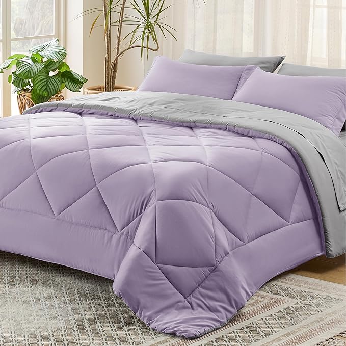 Bedsure Light Purple Full Size Comforter Set - 7 Pieces Reversible Full Bed in a Bag, Full Bed Set Light Purple and Grey with Comforters, Sheets, Pillowcases & Shams