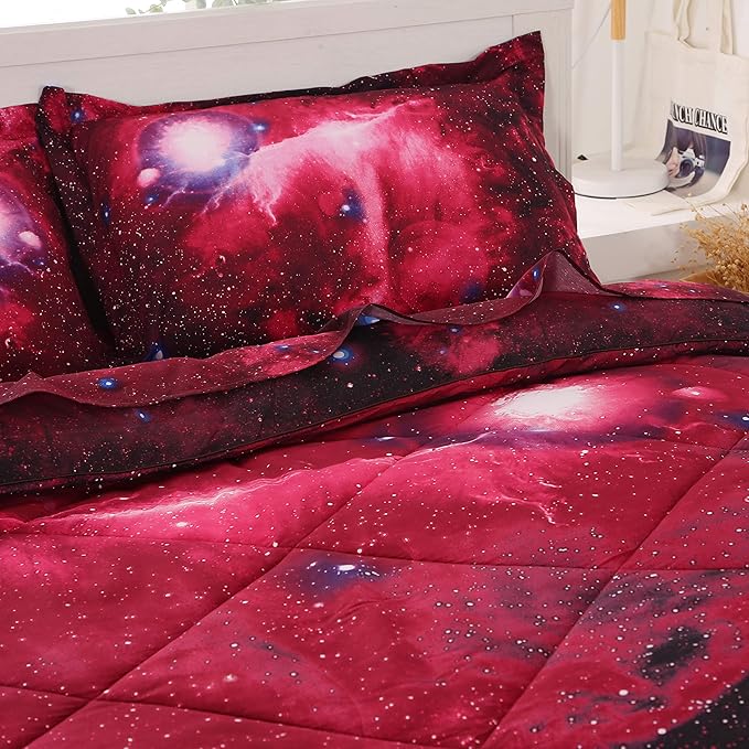 Wowelife Galaxy Bedding Sets for Boys and Girls 5-Piece Full, Premium Galaxy Bed in a Bag Red, 3D Galaxy Comforter Set, Comfortable and Soft Kids Bedding Set