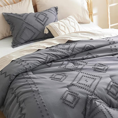 Bedsure Boho Comforter Set Queen - Dark Grey Tufted Bedding Comforter Set, 3 Pieces Farmhouse Shabby Chic Embroidery Bedding Set, Soft Geometric Pattern Comforter for All Seasons