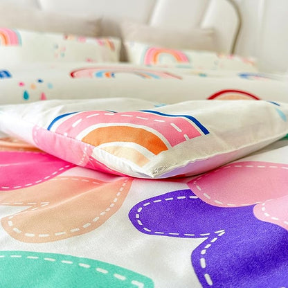 Btargot Lightweight Soft 3 Piece Rainbow Comforter Set with 2 Pillow Covers, Cartoon Love Hearts Flowers and Grass Bedding Set for Girls Boys Kids, Twin Multi-Color