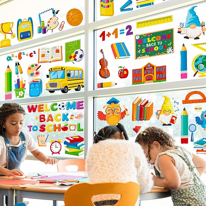 9 Sheets Back to School Window Clings, Double-Sided Window Clings for Classroom, Bus Apple Pencil First Day of School Book Window Stickers for First Day of School Decorations Supplies Decor