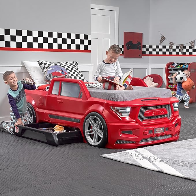 Step2 Turbocharged Twin Size Truck Car Bed, Car Bed for Boys and Girls, Working Headlights & Built-In Storage, Toddlers Ages 3+ Years Old, Adult Assembly Required, Vibrant Red
