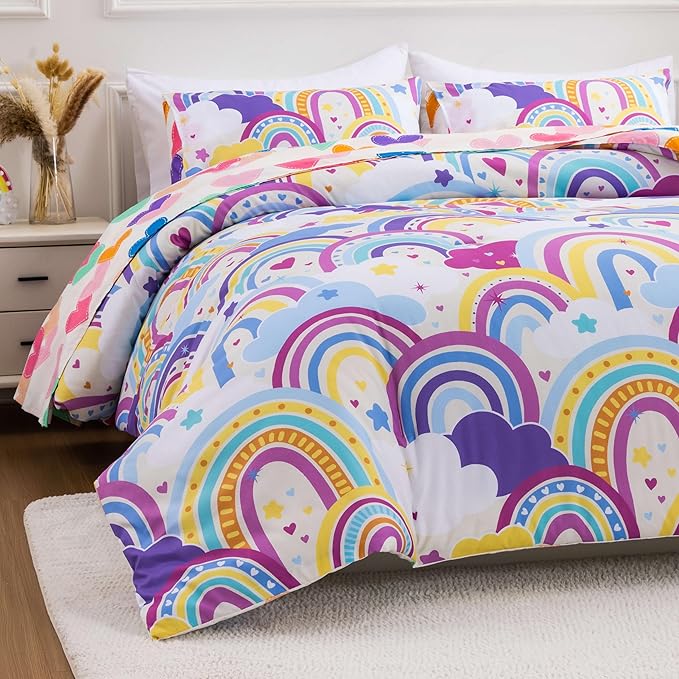 Btargot Lightweight Soft 3 Piece Rainbow Comforter Set with 2 Pillow Covers, Cartoon Love Hearts Flowers and Sun Star Bedding Set for Girls Boys Kids,Twin Light Purple