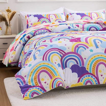 Btargot Lightweight Soft 3 Piece Rainbow Comforter Set with 2 Pillow Covers, Cartoon Love Hearts Flowers and Sun Star Bedding Set for Girls Boys Kids,Twin Light Purple