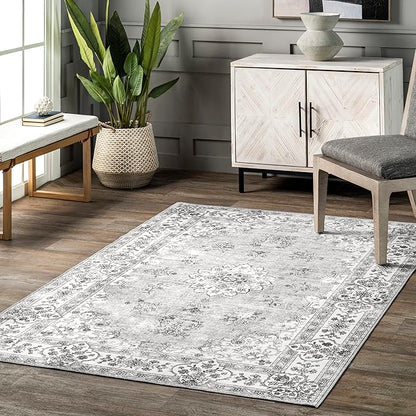 nuLOOM Ren Vintage Floral Machine Washable Ultra Thin Area Rug, 8x10, Grey