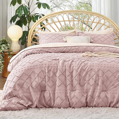 Bedsure King Size Comforter Set - Dusty Rose Boho Comforter, Tufted Shabby Chic Bedding Comforter Set, 3 Pieces Vintage Farmhouse Bed Set for All Seasons, Fluffy Soft Bedding Set with 2 Pillow Shams