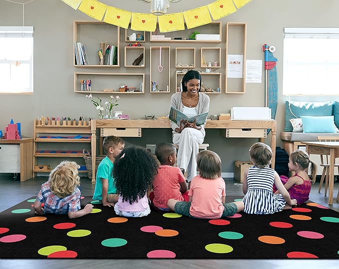 Flagship Carpets Schoolgirl Style Black White and Stylish Brights Polka Dots Classroom Area Rug for Indoor Classroom Learning or Kid Bedroom Educational Play Mat, 7'6"x12'